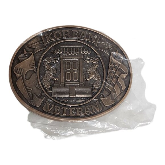 Korean War Veteran Brass Belt Buckle Military Collectible Dragon & Flags - Picture 2 of 7